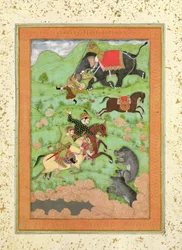 Rajput prinsen jagen op beren; een mahout en zijn olifant redden een gevallen ruiter van een tijger, uit het Large Clive Album