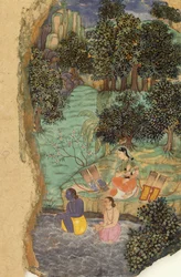 Rama en Lakshmana bieden water aan hun overleden vader aan de oevers van de Mandakini-rivier, c.1595