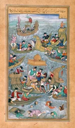 Sultan Bahadur en Rumi Khan springen in zee omringd door Portugese boten, uit de Akbarnama