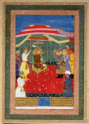 De Mughal-keizer Babur (1526-30) zittend op een troon ontvangt een prins, Johnson Album I, nr. 3 genummerd 65