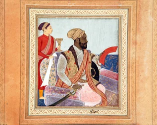 De edele Ikhlas Khan met een petitie, ca. 1650 (dekkende aquarel  goud op papier)
