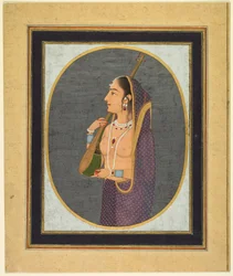 Hofdame zingt en speelt vina, ca. 1760 (dekkende aquarel, inkt en goud op papier)