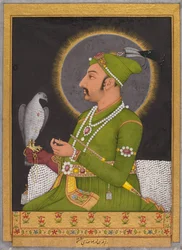 Postuum portret van de Mughal keizer Muhammad Shah (geregeerd 1719-1748) met een valk (recto)