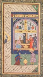 Zulaykha in haar paleis en als oude vrouw met Joseph, uit een Panj Ganj Vijf Schatten..., 1603-1