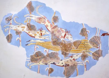 Jachttafereel, fresco uit het paleis van Tiryns, Griekenland, Myceense beschaving