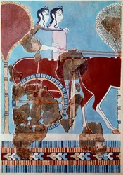 Myceense kunst: koppel op een tank. Fragment van fresco uit het paleis van Tiryns en reconstructie