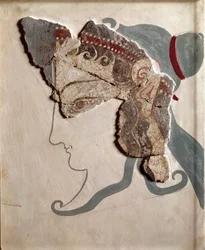 Myceense kunst: vrouwelijk hoofd. Fragment van fresco uit het paleis van Tiryns