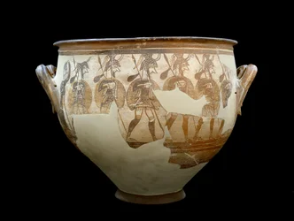 Myceense beschaving: Krater genaamd Krijgers - Uit de cirkel van graven A in Mycene. 12e eeuw v.Chr. Athene, Nationaal Archeologisch Museum
