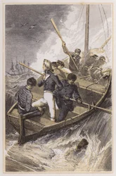 Nelson aan boord van zijn schip tijdens een storm