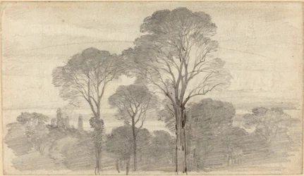 Een Avondlandschap met Hoge Bomen