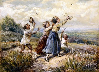 Kinderen die vlinders achtervolgen