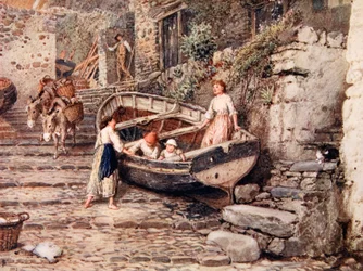 Uitzicht op Clovelly, met gestrand schip en figuren, 1882