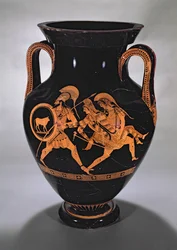 Attische roodfigurige buikamfoor die de ontvoering van Antiope met Theseus en Pirithous afbeeldt, ca. 500-490 v.Chr. (aardewerk)