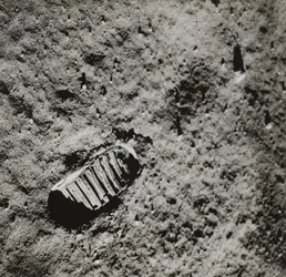 Buzz Aldrins voetafdruk op het oppervlak van de maan, 1969
