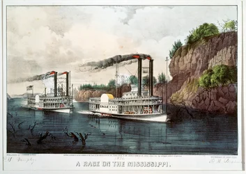 Een stoombootrace op de Mississippi (gekleurde afdruk)