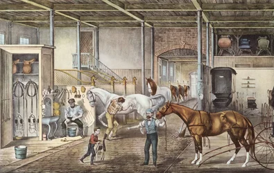 Modelstal waar jongens en stalknechten echt voor paarden zorgen, gravure uit boek "America" door Currier en Yves 1870