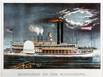 Maanlicht op de Mississippi, stoomschip Great Republic ... (gekleurde print)