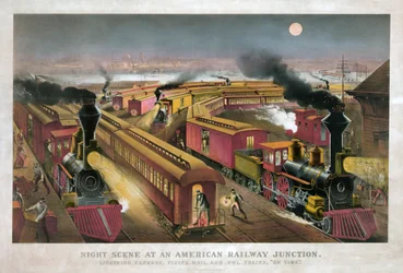 Nacht Scène bij een Amerikaans Spoorwegknooppunt door Currier & Ives