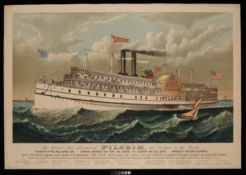 De grote nieuwe stoomboot Pilgrim, de grootste ter wereld. Vlaggenschip van de Fall River Line - tussen New York en Boston via Newport en Fall River
