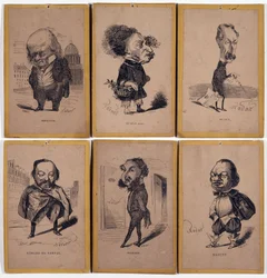 6 Karikatuurportretten: Pierre Jean de Béranger (1780-1857) Franse liedjesschrijver, Alexandre Dumas fils (1824-1895), Louis Adrien Huart (1813-1865) Franse journalist, schrijver en theaterdirecteur, Gérard de Nerval (1808-1855), Franse schrijver, Charles 
