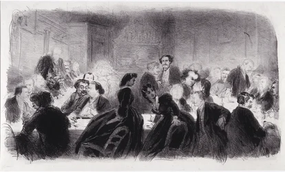 Anonieme lithografie die literaire en artistieke persoonlijkheden in de jaren 1850 vertegenwoordigt