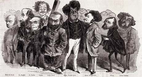 Portretten van schrijvers Paul de Kock (1793-1871), Emile Augier (1820-1889), Eugene Scribe (1791-1861), Felix Nadar, Alphonse Karr (1808-1890), Alexandre Dumas père (1802-1870) en Alexandre Dumas Jr. (1824-1895), Joseph Mery (1798-1866) en Leon Gozan (180