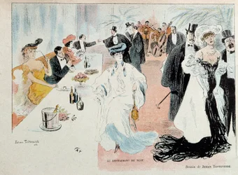 In het nachtrestaurant Parijzenaars van de bourgeoisie in avondkleding in het restaurant, flessen champagne op tafel, een orkest speelt achter in de zaal