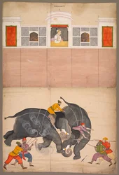 Twee Olifanten vechten in een binnenplaats voor Muhammad Shah, ca. 1730-40
