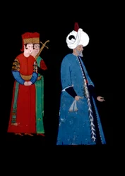 Portret van Ottomaanse Sultan Soliman (Suleyman) I de Prachtige (1494-1566), op leeftijd, vergezeld door twee gewapende bewakers. Miniatuur door Haydar Reys Nigari (1462-1572)