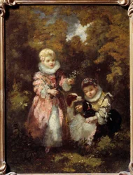 Kinderen en honden Schilderij door Narcissus Diaz de la Pena (1807-1876)