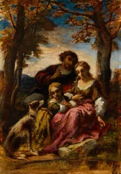Figuren en een hond in een landschap