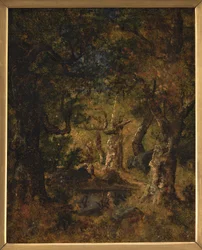 Interieur van een bos met meer en figuren