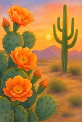 Zonsondergang in de woestijn – Bloeiende cactus