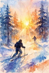 Wintersporters bij zonsopgang