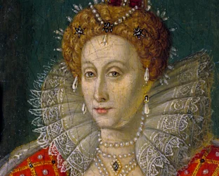 Detail van miniatuur olieverfschilderij portret van koningin Elizabeth I van Engeland en Ierland