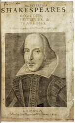 Portret van William Shakespeare op frontispice van Komedies, geschiedenissen en tragedies