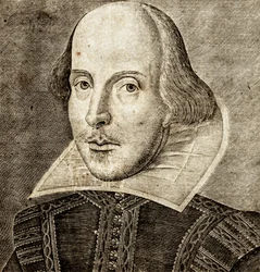 Portret van William Shakespeare op frontispice van Komedies, geschiedenissen en tragedies