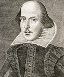Portret van William Shakespeare op frontispice van Komedies, geschiedenissen, & tragedies