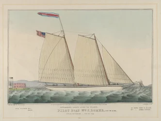 Loodsboot William J. Romer, kapitein McGuire, vertrekt naar Engeland op 9 februari 1846 (handgekleurde lithografie)
