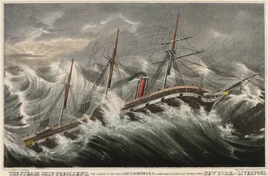 Het stoomschip President, het grootste ter wereld, onder bevel van luitenant Roberts tijdens zijn laatste reis van New York (VS) naar Liverpool (Engeland), in de storm van 12 maart