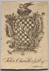 Boekplaat: Wapen met inscriptie John Chandler Jun.r, Esq.