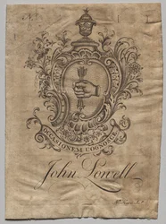 Boekplaat: Wapen met inscriptie John Lowell