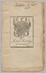 Boekplaat: Wapen met inscriptie van Robert Hale, Esq.