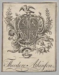 Boekplaat: Wapen met inscriptie van Theodore Atkinson