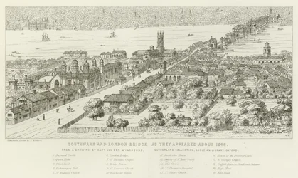 Southwark en London Bridge, zoals ze eruitzagen rond 1546