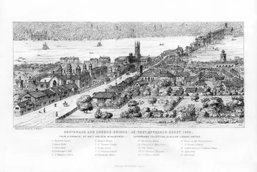 Southwark en London Bridge zoals ze eruitzagen rond 1546