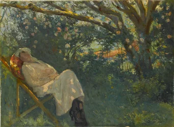 Dame in het roze op een chaise longue
