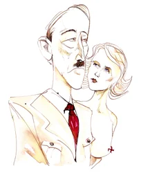 Adolf Hitler met zijn maîtresse Eva Braun - kleurenkarikatuur