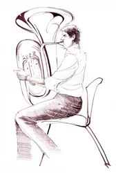 Tubaspeler (inkt tekening van een muzikant die optreedt)