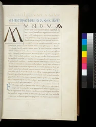 Ms 394.1. Plinius de Oudere, Historia naturalis, f.26r. Peninitiaal [M] toegevoegd in de gereserveerde ruimte die door de decorateur leeg was gelaten, Napels, midden 15e eeuw, c.1442